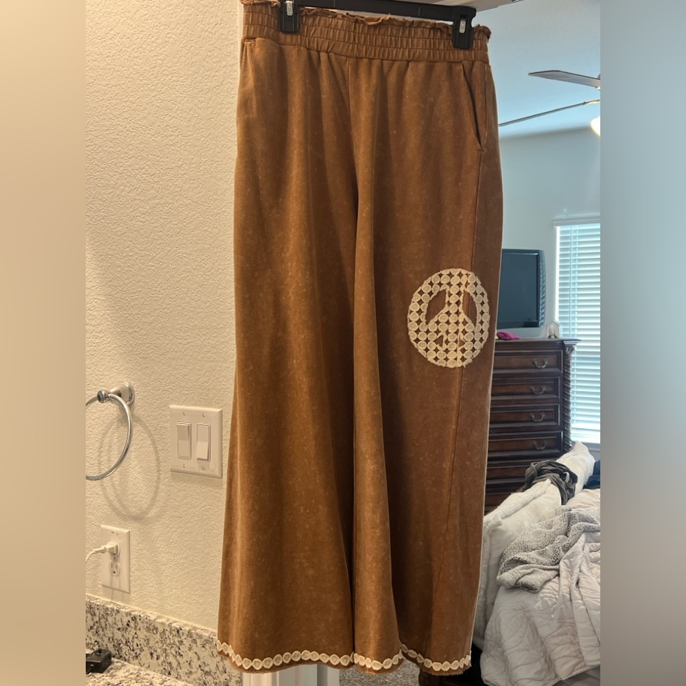 Umgee Full Size Peace Lace Applique Mineral Wash Wide Leg Pants